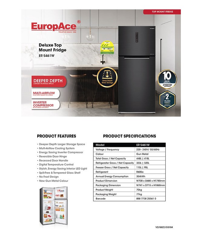 Deluxe Top Mount Fridge 450L (ER 5461W)